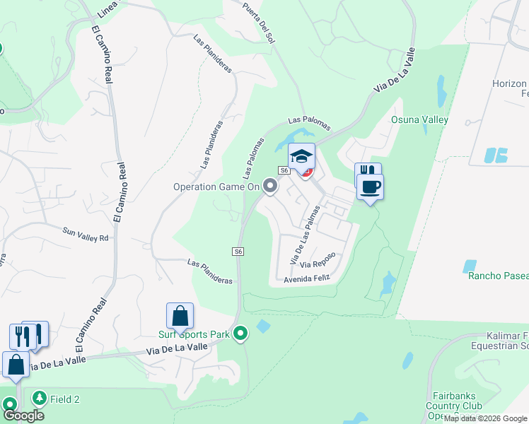 map of restaurants, bars, coffee shops, grocery stores, and more near 16056 Avenida Calma in Rancho Santa Fe