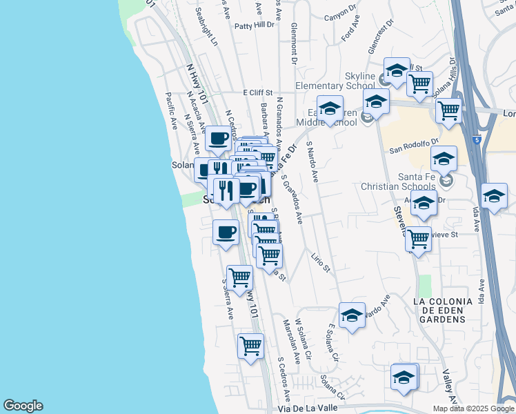 map of restaurants, bars, coffee shops, grocery stores, and more near 144 South Cedros Avenue in Solana Beach