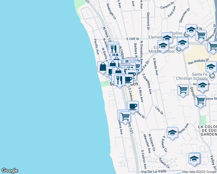 map of restaurants, bars, coffee shops, grocery stores, and more near 135 South Sierra Avenue in Solana Beach