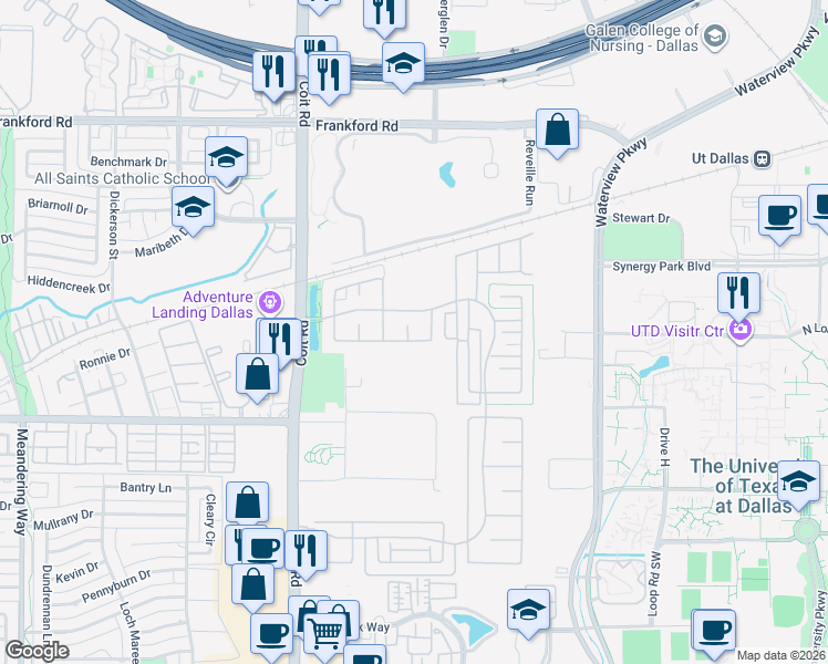 map of restaurants, bars, coffee shops, grocery stores, and more near 17618 Crabapple Court in Dallas