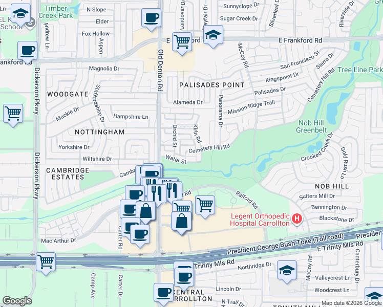map of restaurants, bars, coffee shops, grocery stores, and more near 1125 Cemetery Hill Road in Carrollton