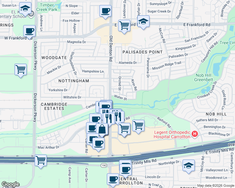 map of restaurants, bars, coffee shops, grocery stores, and more near 1024 Gardenia Street in Carrollton