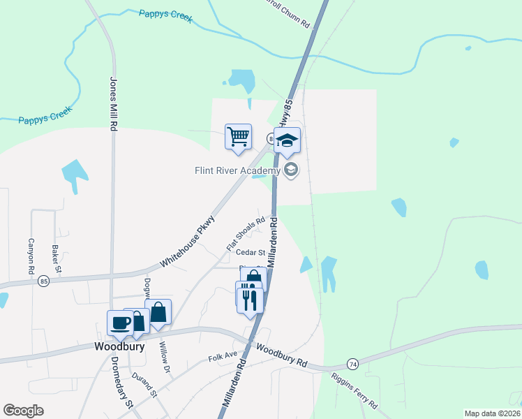 map of restaurants, bars, coffee shops, grocery stores, and more near 505 Flat Shoals Road in Woodbury