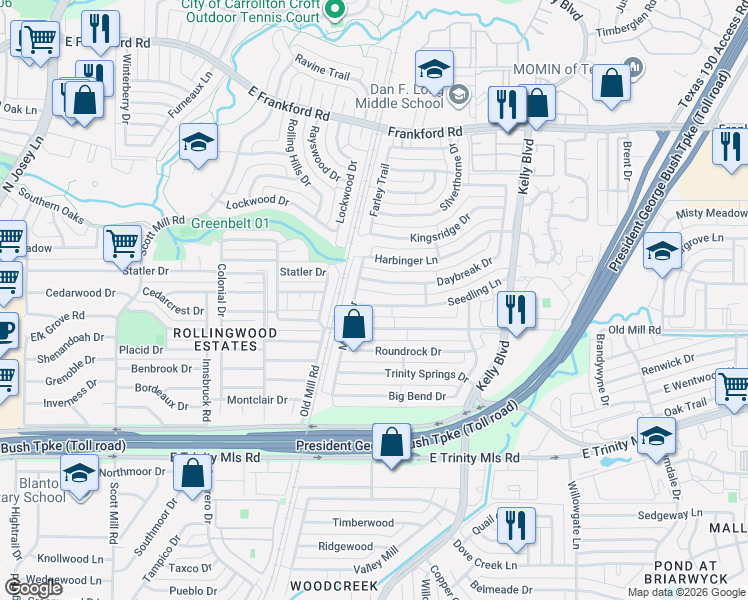 map of restaurants, bars, coffee shops, grocery stores, and more near 2315 Seedling Lane in Dallas