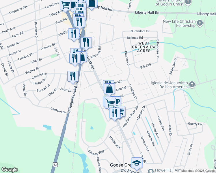 map of restaurants, bars, coffee shops, grocery stores, and more near 123 Red Bank Road in Goose Creek