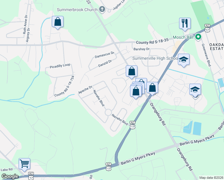 map of restaurants, bars, coffee shops, grocery stores, and more near 136 Apache Drive in Summerville