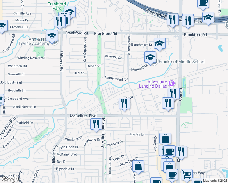 map of restaurants, bars, coffee shops, grocery stores, and more near 17490 Meandering Way in Dallas