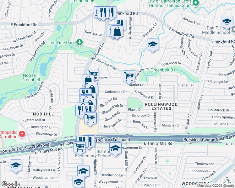 map of restaurants, bars, coffee shops, grocery stores, and more near 2022 Cedarwood Drive in Carrollton