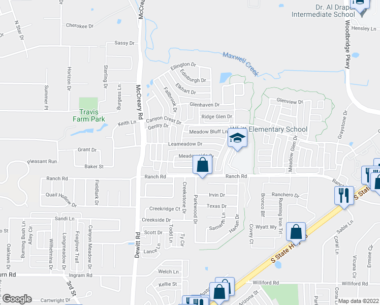 map of restaurants, bars, coffee shops, grocery stores, and more near 3363 Meadowside Drive in Sachse