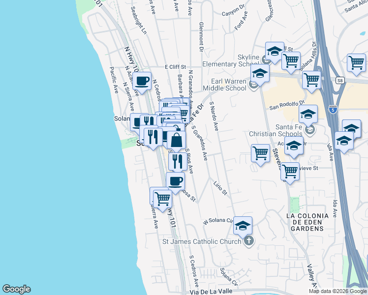 map of restaurants, bars, coffee shops, grocery stores, and more near 208 South Rios Avenue in Solana Beach