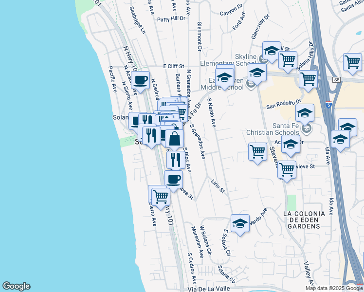 map of restaurants, bars, coffee shops, grocery stores, and more near 147 South Rios Avenue in Solana Beach