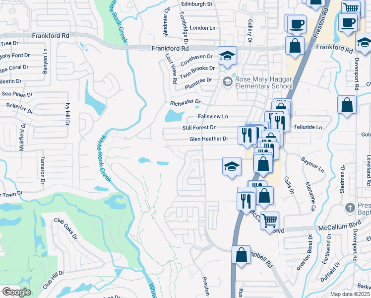 map of restaurants, bars, coffee shops, grocery stores, and more near 5527 Preston Fairways Drive in Dallas