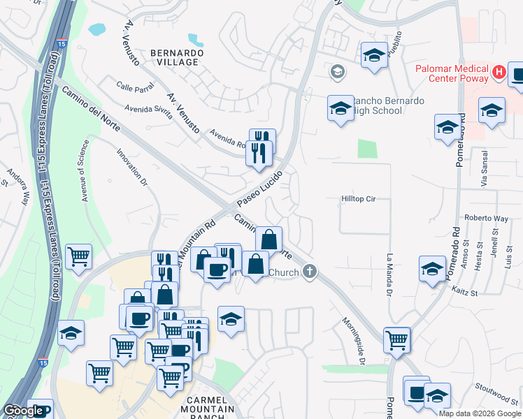 map of restaurants, bars, coffee shops, grocery stores, and more near 14954 Avenida Venusto in San Diego