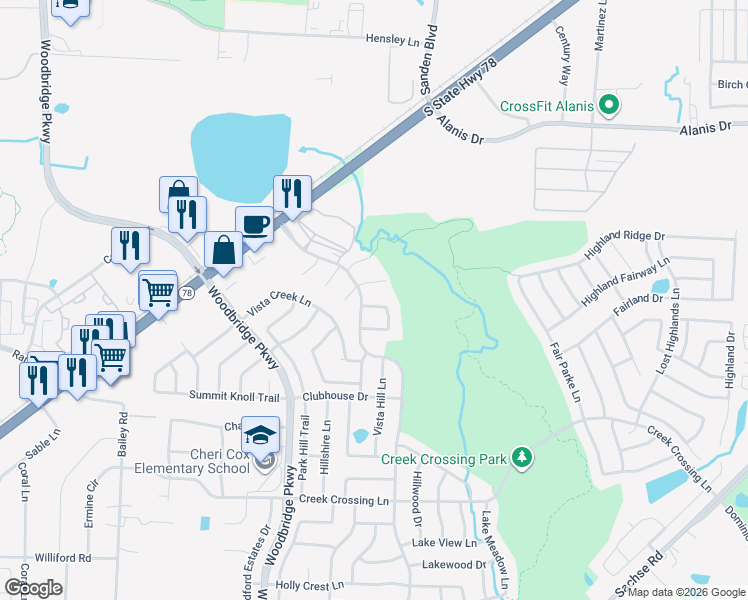 map of restaurants, bars, coffee shops, grocery stores, and more near 7622 Courtney Circle in Sachse