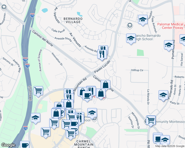 map of restaurants, bars, coffee shops, grocery stores, and more near Camino Del Norte & Paseo Lucido in San Diego