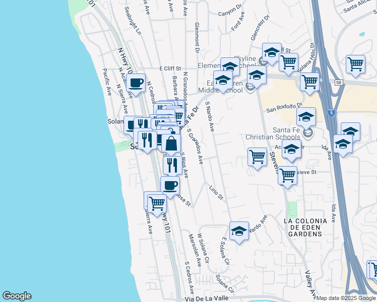 map of restaurants, bars, coffee shops, grocery stores, and more near 208 South Rios Avenue in Solana Beach