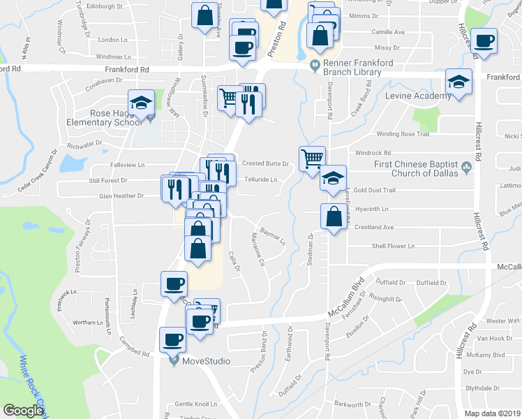 map of restaurants, bars, coffee shops, grocery stores, and more near 17505 Marianne Cir in Dallas