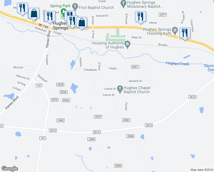 map of restaurants, bars, coffee shops, grocery stores, and more near 607 South Pecan in Hughes Springs