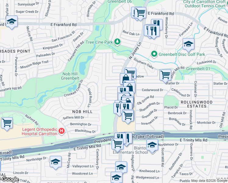 map of restaurants, bars, coffee shops, grocery stores, and more near 1840 Green Ridge Court in Carrollton