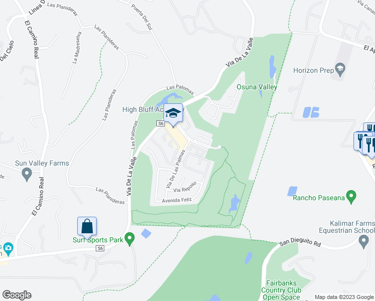map of restaurants, bars, coffee shops, grocery stores, and more near 5605 Avenida Del Parque in Rancho Santa Fe