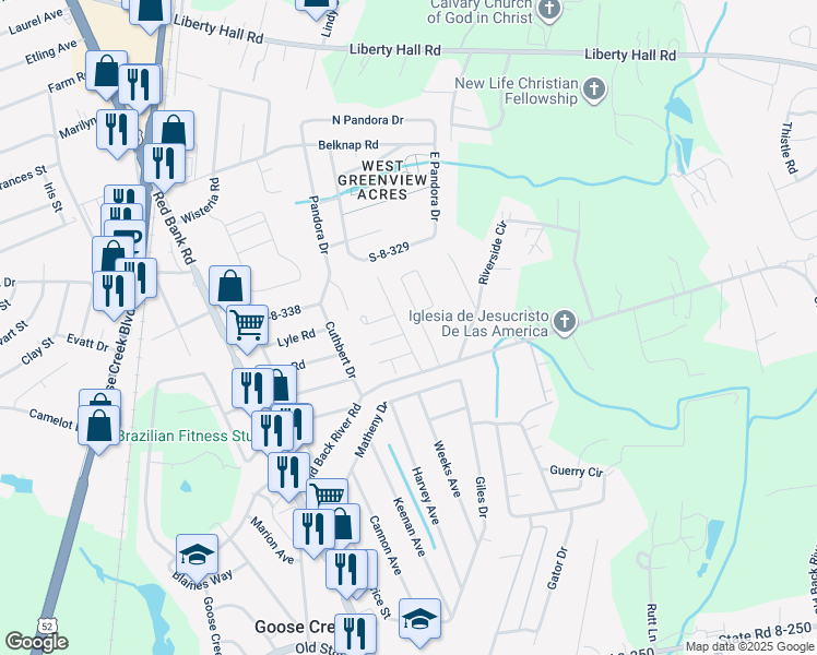 map of restaurants, bars, coffee shops, grocery stores, and more near 128 Mapleridge Drive in Goose Creek