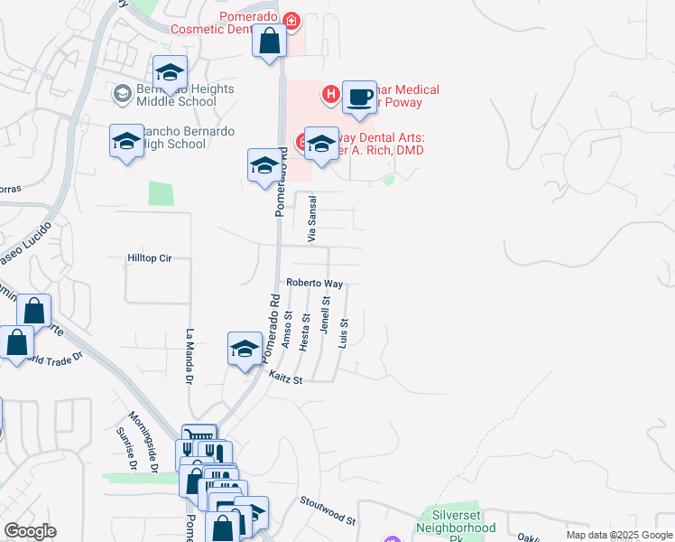 map of restaurants, bars, coffee shops, grocery stores, and more near 12707 Avenida De Espuela in Poway