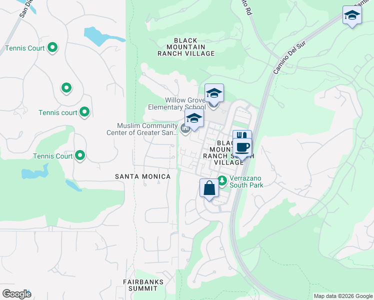 map of restaurants, bars, coffee shops, grocery stores, and more near 14674 Via Fiesta in San Diego