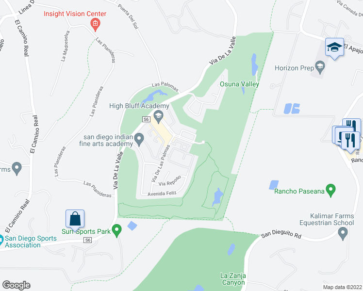 map of restaurants, bars, coffee shops, grocery stores, and more near 16048 Circa De Lindo in Rancho Santa Fe
