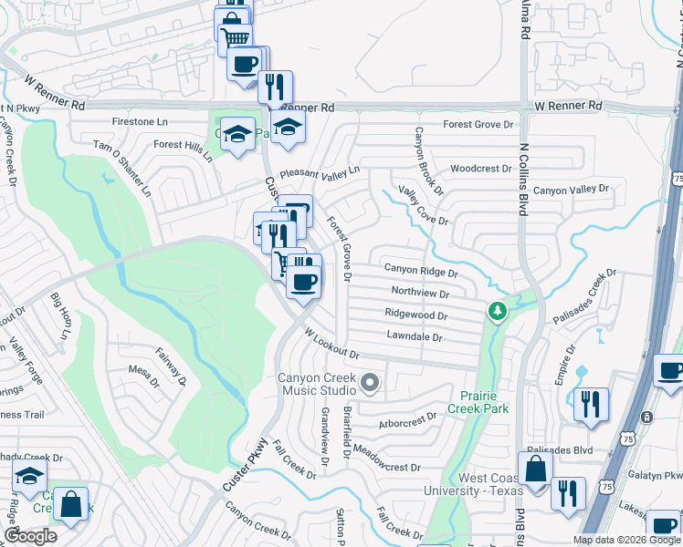 map of restaurants, bars, coffee shops, grocery stores, and more near 2670-2674 Custer Parkway in Richardson