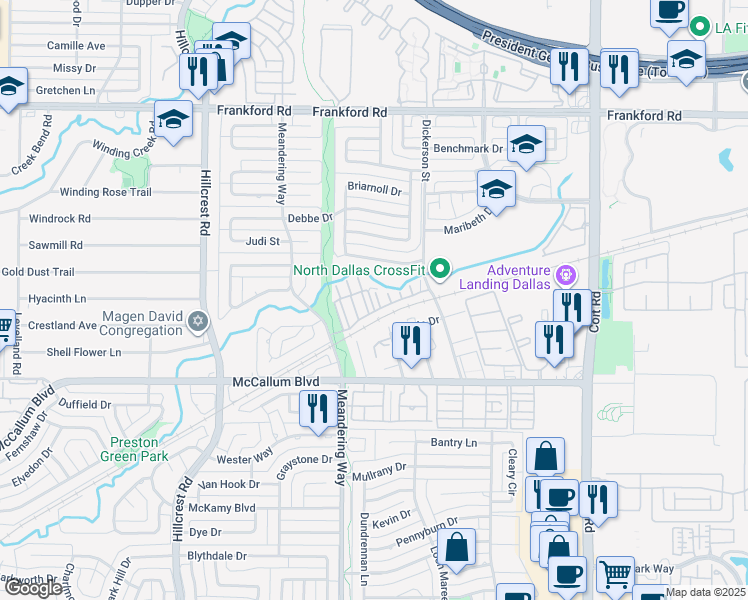 map of restaurants, bars, coffee shops, grocery stores, and more near 17490 Meandering Way in Dallas
