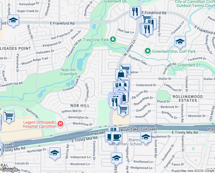map of restaurants, bars, coffee shops, grocery stores, and more near 1840 Green Ridge Court in Carrollton