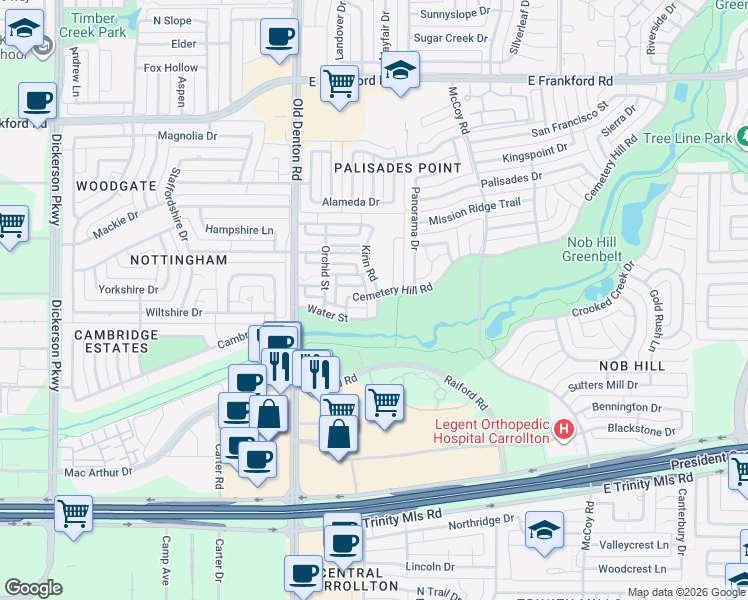 map of restaurants, bars, coffee shops, grocery stores, and more near 2898 Kirin Road in Carrollton