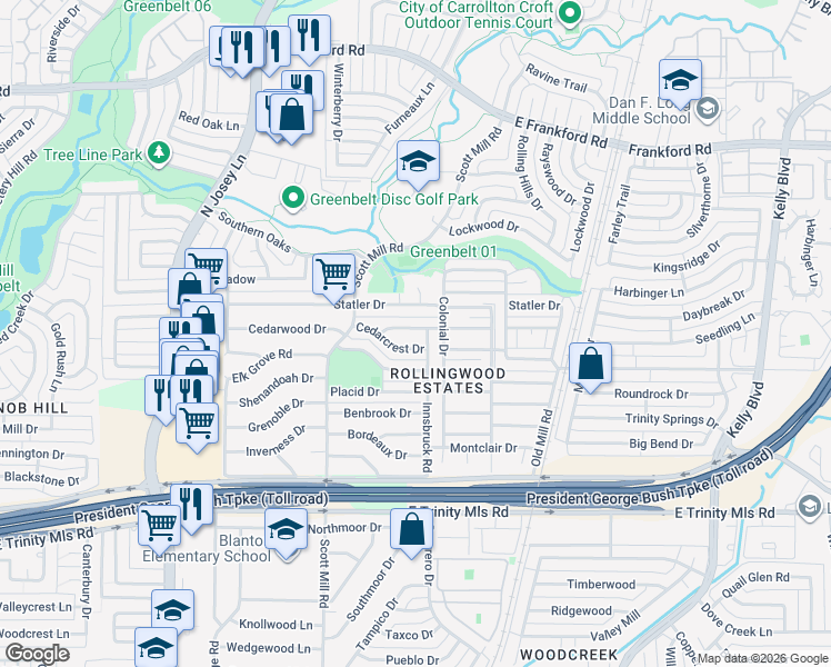 map of restaurants, bars, coffee shops, grocery stores, and more near 2116 Sheraton Drive in Carrollton