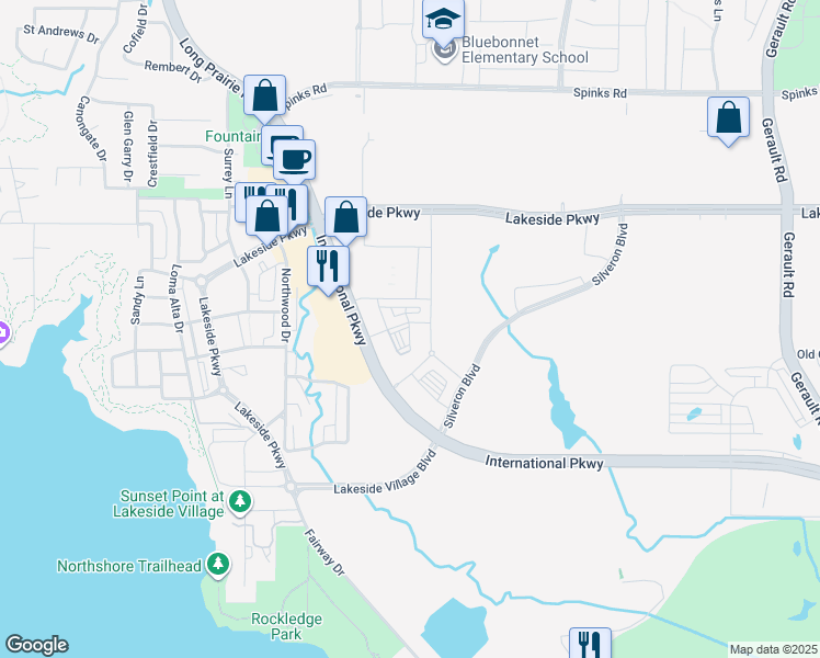 map of restaurants, bars, coffee shops, grocery stores, and more near 301 Silveron Boulevard in Flower Mound