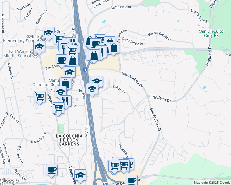 map of restaurants, bars, coffee shops, grocery stores, and more near 1105 Solana Drive in Del Mar