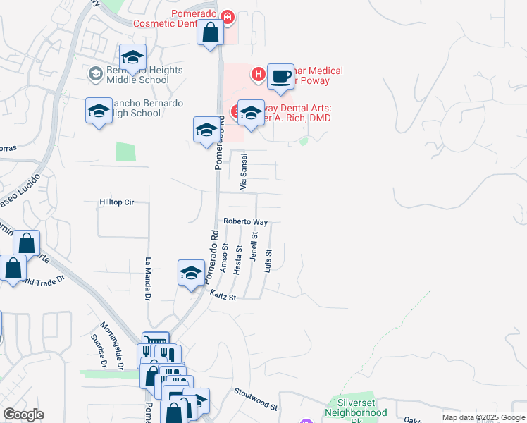 map of restaurants, bars, coffee shops, grocery stores, and more near 12707 Avenida De Espuela in Poway