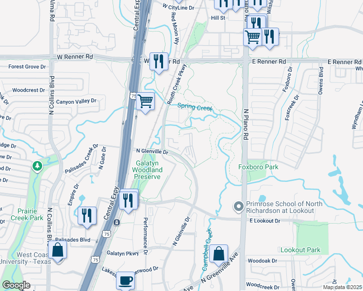 map of restaurants, bars, coffee shops, grocery stores, and more near 2710 Routh Creek Parkway in Richardson