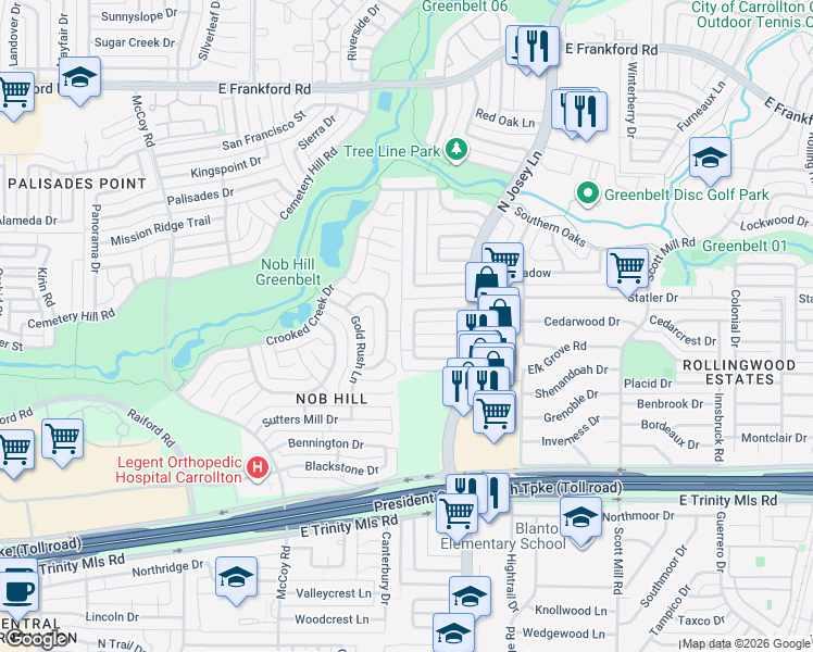 map of restaurants, bars, coffee shops, grocery stores, and more near 1839 Green Ridge Drive in Carrollton
