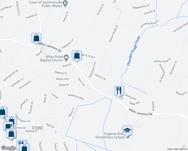 map of restaurants, bars, coffee shops, grocery stores, and more near 102 Carmon Street in Summerville