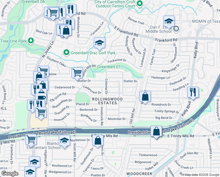 map of restaurants, bars, coffee shops, grocery stores, and more near 2204 Sheraton Drive in Carrollton