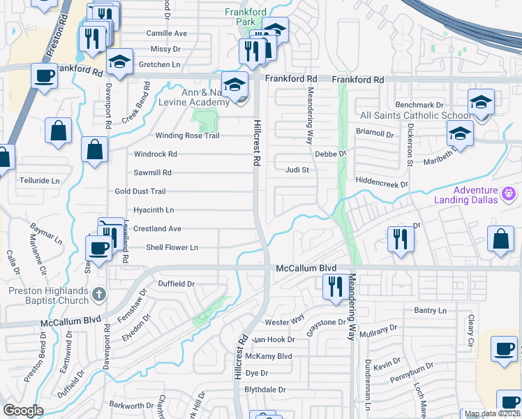 map of restaurants, bars, coffee shops, grocery stores, and more near 17714 Hillcrest Road in Dallas