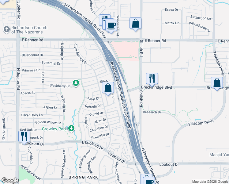 map of restaurants, bars, coffee shops, grocery stores, and more near 3016 Silver Springs Lane in Richardson