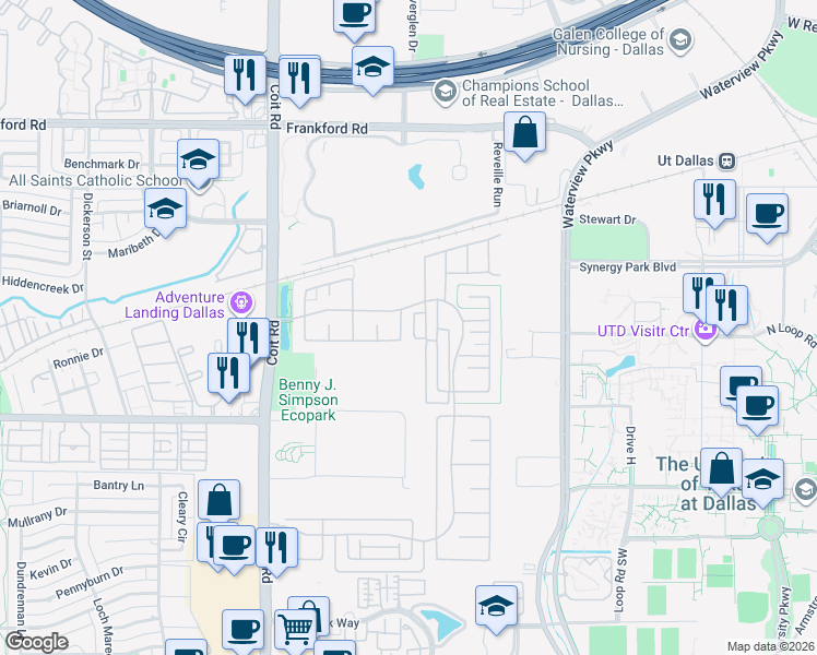 map of restaurants, bars, coffee shops, grocery stores, and more near 17643 Sequoia Drive in Dallas