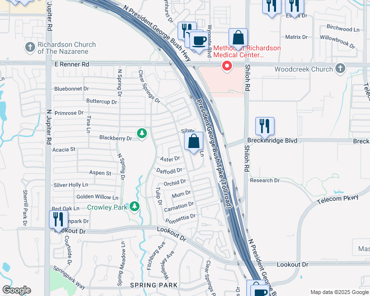 map of restaurants, bars, coffee shops, grocery stores, and more near 3001 Warm Springs Lane in Richardson