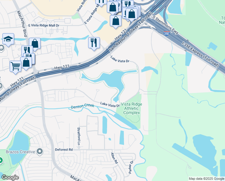 map of restaurants, bars, coffee shops, grocery stores, and more near 2941 Lake Vista Drive in Lewisville
