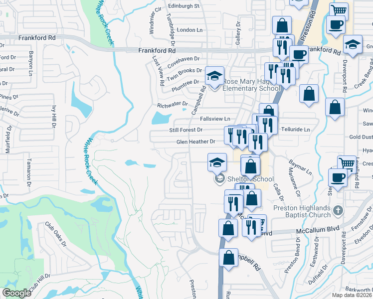 map of restaurants, bars, coffee shops, grocery stores, and more near 5503 Preston Fairways Drive in Dallas