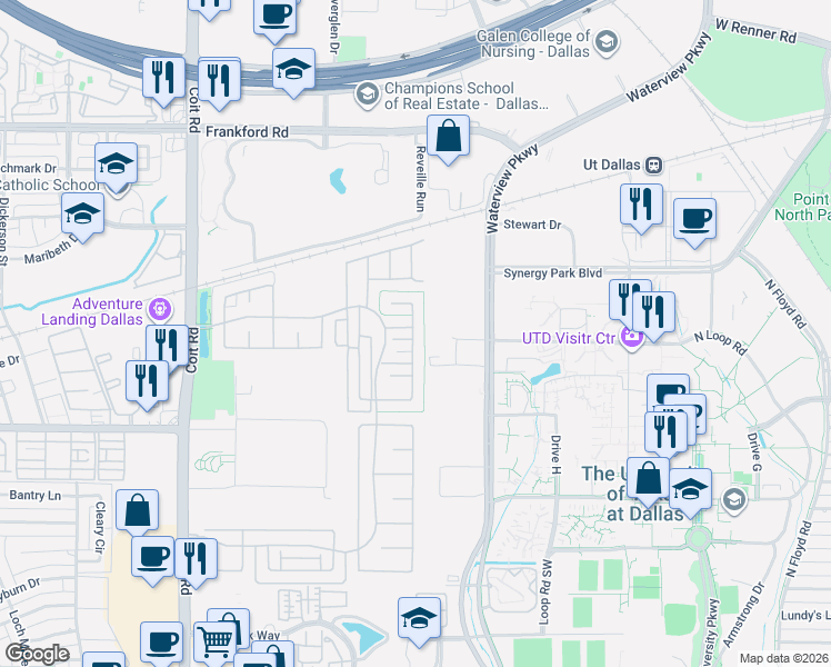 map of restaurants, bars, coffee shops, grocery stores, and more near 17676 Bottlebrush Drive in Dallas