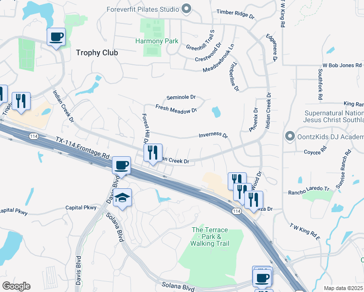 map of restaurants, bars, coffee shops, grocery stores, and more near 5 Crickett Ct in Trophy Club