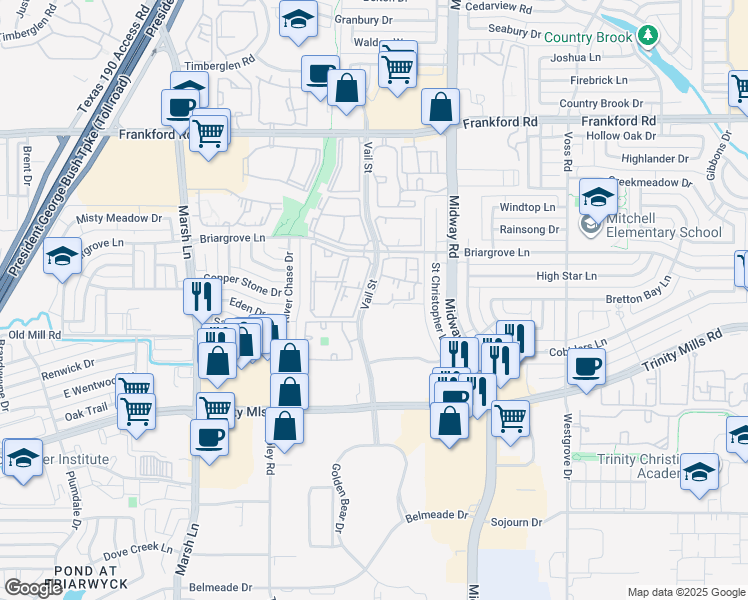 map of restaurants, bars, coffee shops, grocery stores, and more near 15 Vail Street in Dallas