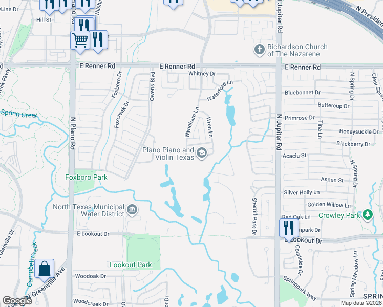 map of restaurants, bars, coffee shops, grocery stores, and more near 2805 Wyndham Lane in Richardson